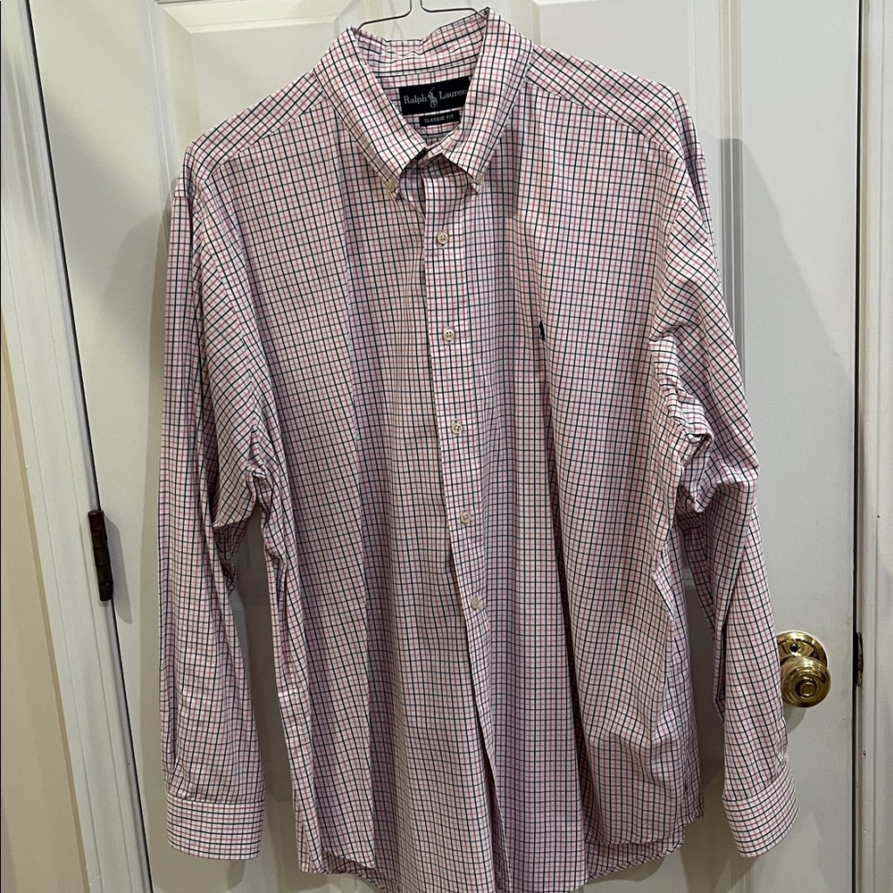 Ralph Lauren Men's White, Pink and Blue Plaid Shirt
